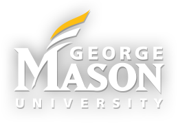 George Mason University logo in white with yellow detail above M